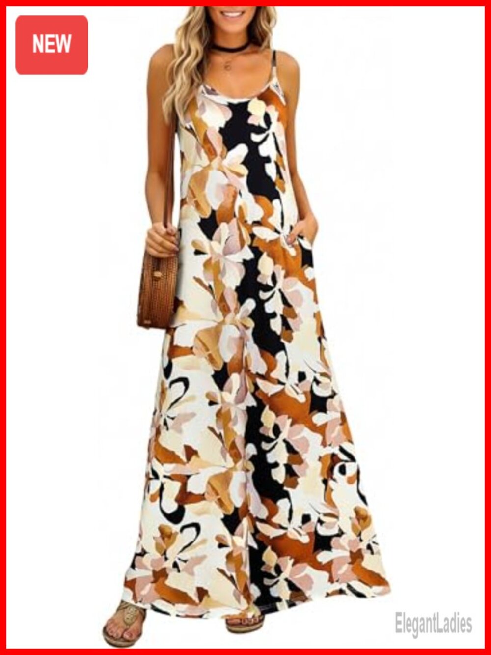 Women's Bohemian Floral Maxi Dress Spaghetti Strap V-Neck Sundress with Pockets